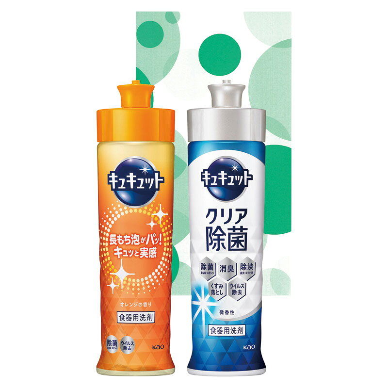 PRODUCT SPECIFICATIONS商品仕様商品名キッチンギフトセット型番OC-7セット内容セット内容/キュキュットオレンジ・キュキュットクリア除菌(各220ml)×各1箱サイズ5.5×11×18.5cmJANコード4560233462311商品説明洗浄成分ミクロウォッシュが油汚れを細かく分解。1度洗いで、汚れ落ちを指先と音で”キュキュッ”と実感できます。