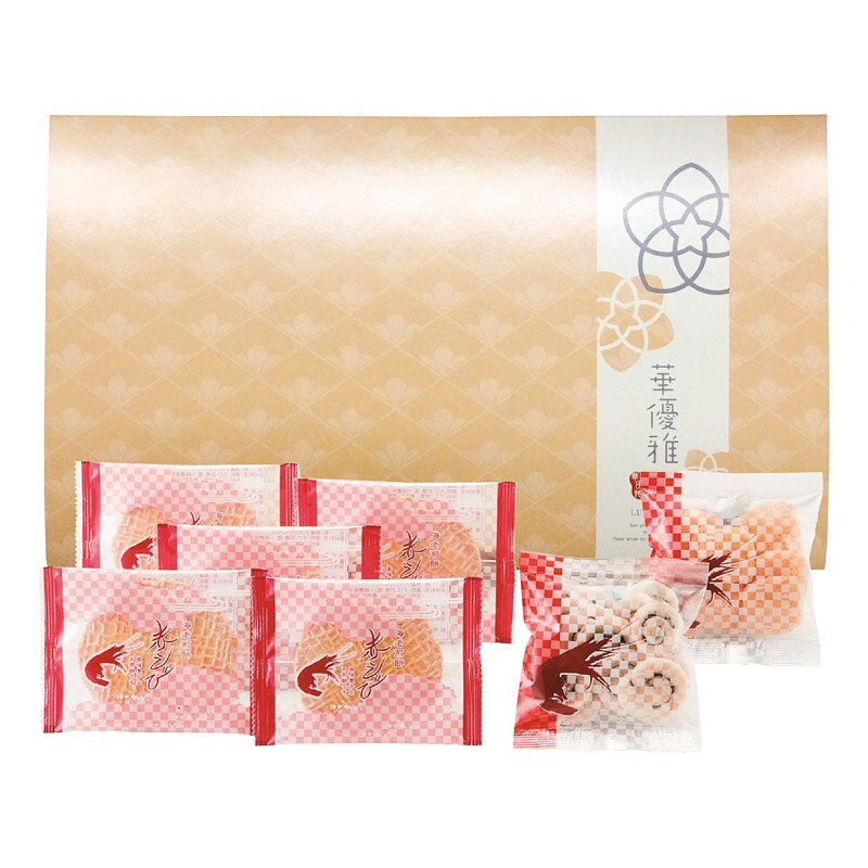 PRODUCT SPECIFICATIONS商品仕様商品名華優雅 えびせんギフト型番EYG-BRセット内容セット内容/赤えびせんべい(1枚)×5、えびせん(うず巻・えび松風)(各10g)×各1箱サイズ15.8×26.7×4cm賞味期間常温1年アレルゲン小麦・えびJANコード4904963425091商品説明赤えびを使用し焼き上げた、ヘルシー志向のノンフライ製法のおせんべい。二度焼き製法で優しい食感に作ったうず巻・えび松風。えびせんべいの原料として最適な海老を使用しこだわりの製法で仕上げました。