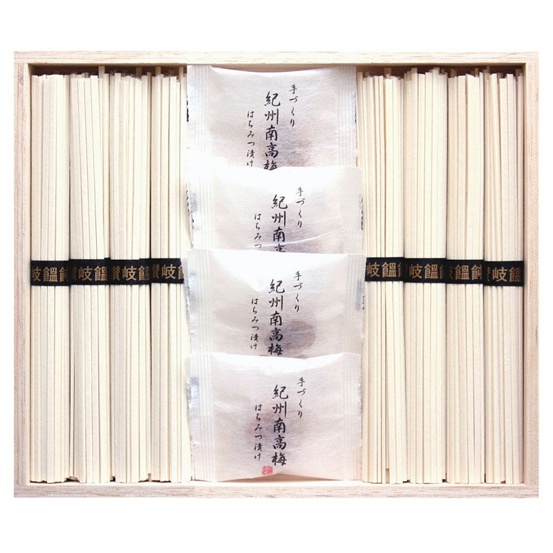 PRODUCT SPECIFICATIONS商品仕様商品名紀州南高梅・讃岐うどん詰合せ(木箱入)型番RUU-150セット内容セット内容/讃岐うどん(50g)×8、紀州南高梅はちみつ漬け×4箱サイズ20.1×23.4×3.3cm賞味期間常温1年JANコード4944861038313商品説明日本一の梅の里、和歌山の肉厚で皮が柔らかい最高級の紀州南高梅のはちみつ漬けと讃岐うどんの詰合せです。