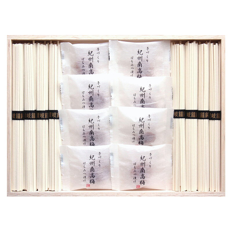 PRODUCT SPECIFICATIONS商品仕様商品名紀州南高梅・讃岐うどん詰合せ(木箱入)型番RUU-200セット内容セット内容/紀州南高梅はちみつ漬け・讃岐うどん(50g)×各8箱サイズ20.6×28×3cm賞味期間常温1年JANコード4944861038320商品説明日本一の梅の里、和歌山の肉厚で皮が柔らかい最高級の紀州南高梅のはちみつ漬けと讃岐うどんの詰合せです。