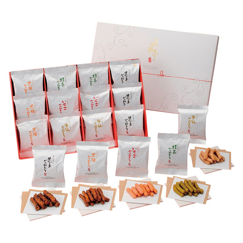 PRODUCT SPECIFICATIONS商品仕様商品名優雅亭 かりんとうギフト型番RT-DNセット内容セット内容/黒糖かりんとう・黒ごまかりんとう(各10g)×各3、牛乳かりんとう・抹茶かりんとう・いちごかりんとう(各10g)×各2箱サイズ26×39×4cm賞味期間常温1年アレルゲン乳・小麦JANコード4904963427033商品説明「日本伝統菓子かりんとう」 ひとつひとつ丁寧に作り上げた風味豊かな味わいをお楽しみください。