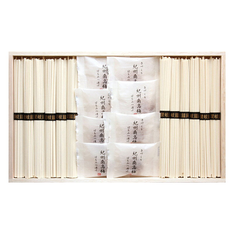 PRODUCT SPECIFICATIONS商品仕様商品名紀州南高梅・讃岐うどん詰合せ(木箱入)型番RUU-250セット内容セット内容/讃岐うどん(50g)×12、紀州南高梅はちみつ漬け×8箱サイズ20.6×34.1×3.4cm賞味期間常温1年JANコード4944861038344商品説明日本一の梅の里、和歌山の肉厚で皮が柔らかい最高級の紀州南高梅のはちみつ漬けと讃岐うどんの詰合せです。