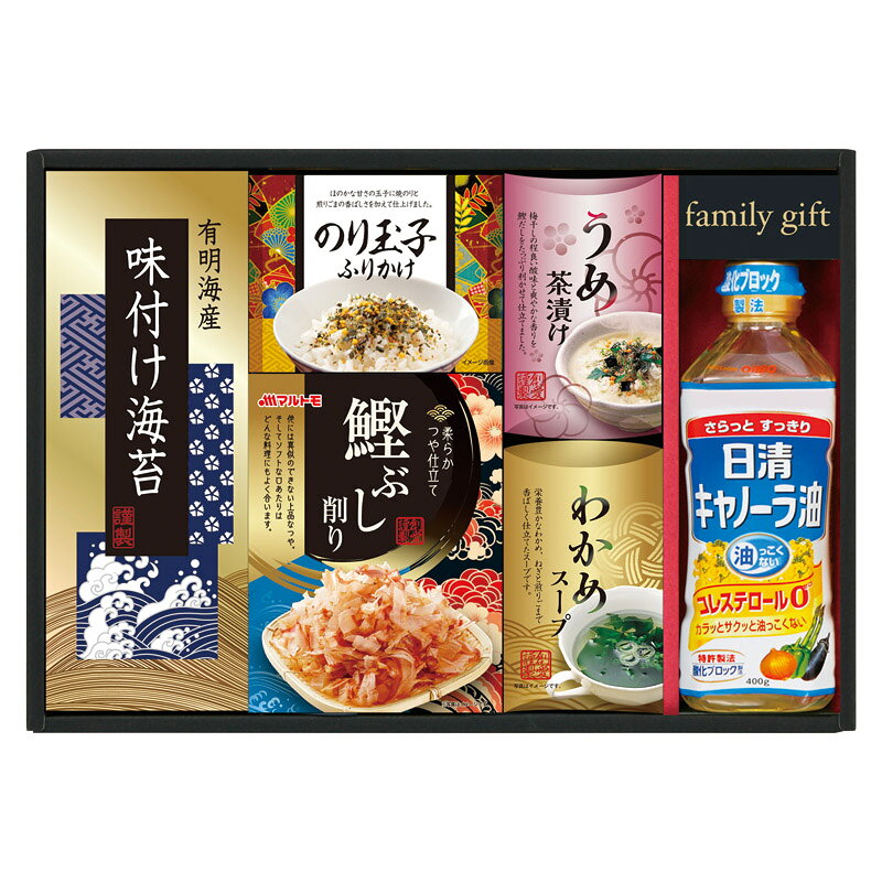 PRODUCT SPECIFICATIONS商品仕様商品名日清オイリオ食卓詰合せ型番NSO-30Aセット内容セット内容/有明海産味付け海苔(3切4枚)・のり玉子ふりかけ(4.5g×2袋)・鰹節削り(2g×4袋)・うめ茶漬け(4.3g×2袋)・わかめスープ(5.3g×2袋)・日清キャノーラ油400g×各1箱サイズ25×35.5×7cm賞味期間常温1年1ヶ月アレルゲン卵・乳・小麦・えび