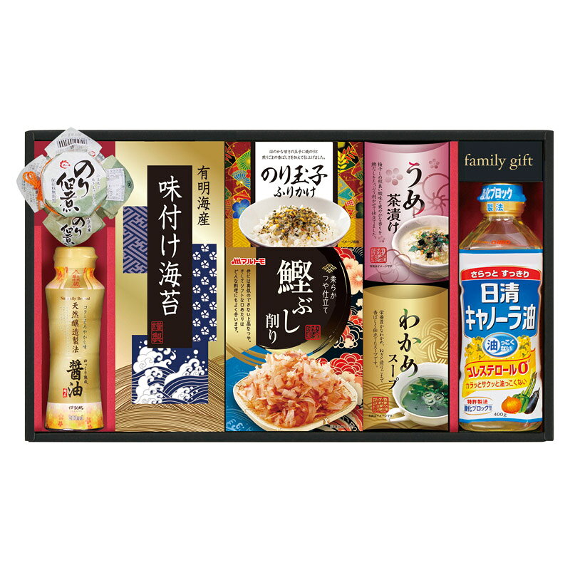 PRODUCT SPECIFICATIONS商品仕様商品名日清オイリオ食卓詰合せ型番NSO-40Aセット内容セット内容/島の香のり佃煮(80g)・有明海産味付け海苔(3切4枚)・のり玉子ふりかけ(4.5g×2袋)・鰹節削り(2g×4袋)・わかめスープ(5.3g×2袋)・うめ茶漬け(4.3g×2袋)・伊賀越天然醸造しょうゆ(200ml)・日清キャノーラ油(400g)×各1箱サイズ25×42.5×7cm賞味期間常温1年1ヶ月アレルゲン卵・乳・小麦・えび