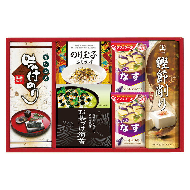 PRODUCT SPECIFICATIONS商品仕様商品名アマノフーズ&amp;永谷園 食卓セット型番BS-25Sセット内容アマノなすおみそ汁(9.5g)×2、有明海産味付のり(3切4枚)・のり玉子ふりかけ(4.5g×2)・永谷園お茶づけ海苔(4.7g×5)・鰹節削り(1.5g×4)×各1箱サイズ23.5×37×7cm賞味期間常温1年アレルゲン卵・乳・小麦