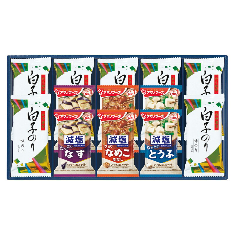 PRODUCT SPECIFICATIONS商品仕様商品名味之庵 アマノフーズ&amp;白子のり型番6393-40セット内容白子のり味のり(8切5枚入)×7、減塩いつものおみそ汁(なす9g・とうふ10.3g・なめこ8g)×各2箱サイズ24.2×43.3×4.5cm賞味期間常温1年アレルゲン乳・小麦・えびJANコード4548878063933商品説明アマノフーズの減塩タイプみそ汁と白子のり味のりを詰合せました。