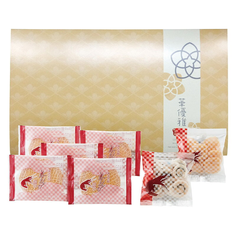 PRODUCT SPECIFICATIONS商品仕様商品名華優雅 えびせんギフト型番EYG-BRセット内容赤えびせんべい(1枚)×5、えびせん(うず巻・えび松風)(各10g)×各1箱サイズ15.8×26.7×4cm賞味期間常温1年アレルゲン小麦・えびJANコード4904963425091商品説明赤えびを使用し焼き上げた、ヘルシー志向のノンフライ製法のおせんべい。二度焼き製法で優しい食感に作ったうず巻・えび松風。えびせんべいの原料として最適な海老を使用しこだわりの製法で仕上げました。