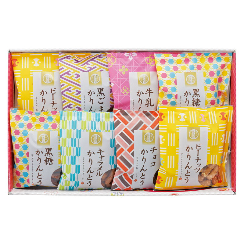 PRODUCT SPECIFICATIONS商品仕様商品名かりんとう詰合せ型番AY-BOセット内容黒糖かりんとう・ピーナッツかりんとう(各45g)×各2、黒ごまかりんとう・牛乳かりんとう・チョコかりんとう・キャラメルかりんとう(各45g)×各1箱サイズ23.5×37×5.5cm賞味期間常温4ヶ月アレルゲン乳・小麦・落花生JANコード4951648013142商品説明様々な 食感と風味が味わえる「黒糖、ピーナツ、牛乳、黒ごま、チョコ、キャラメル」の6種類のフレーバーのかりんとう詰め合わせです。