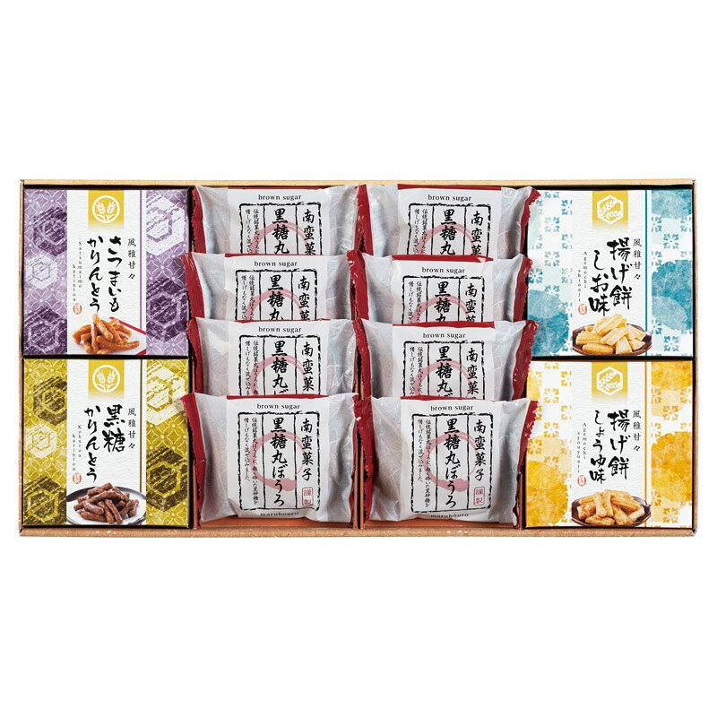 PRODUCT SPECIFICATIONS商品仕様ブランド風雅甘々商品名和菓子詰合せ型番FB-BOセット内容黒糖丸ぼうろ×8、さつまいもかりんとう・黒糖かりんとう(各40g)・揚げ餅(しお味・しょうゆ味)(各20g)×各1箱サイズ23×43.3×4cm賞味期間常温4ヶ月アレルゲン卵・小麦JANコード4951648017034商品説明粗く砕いた黒砂糖を練り込んだ黒糖丸ぼうろと国産玄米から作られた米油100%で揚げたかりんとう。国産のもち米を使用し、米油とごま油をブレンドした油で揚げサクッとした食感の揚げ餅をセットした和菓子詰合せです。