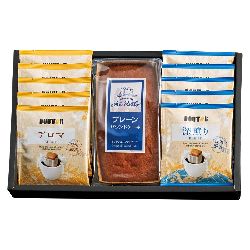 PRODUCT SPECIFICATIONS商品仕様商品名アルポルト監修 プレーンパウンドケーキ &amp; アソートセット型番ALA-CEAセット内容ドトールドリップコーヒー(深煎りブレンド・アロマブレンド)(各7g)×各5、プレーンパウンドケーキ×1箱サイズ20.3×32×6cm賞味期間常温1年アレルゲン卵・乳・小麦JANコード4580595844570