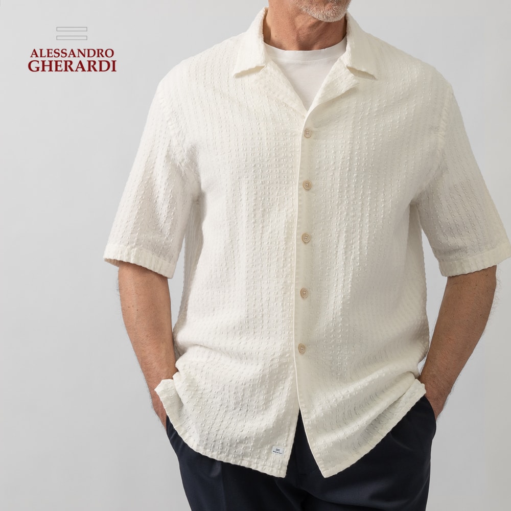 Rakuten - アレッサンドロゲラルディ ALESSANDRO GHERARDI 織柄 オープンカラーシャツ 半袖シャツ MIAMI6 7637 開襟シャツ コットン アイボリー オフホワイト 白 イタリア メンズ 半袖 シャツ カジュアル 夏 無地 オープンカラー 開襟