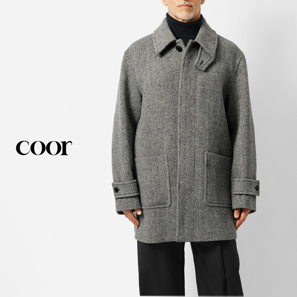 Rakuten - クオ COOR オーバーサイズ ウール ハーフコート ヘリンボーン ブラック 黒 HERRINGBONE HALF COAT CXE4C12K メンズ コート メンズアウター メンズコート ミドル カジュアル ブランド 韓国 大きいサイズ ウール100% 秋 冬 おしゃれ アウター ゆったり