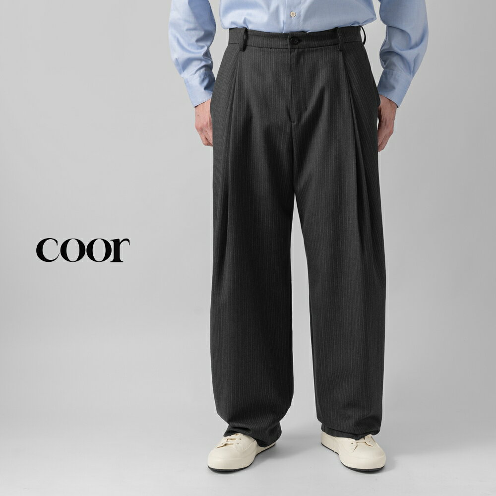 Rakuten - クオ COOR ワイドパンツ セットアップ対応 ウール STRIPE WOOL BLEND PLEATED TROUSERS CXG2PT21K ストライプ グレー スラックス メンズ パンツ ワイドスラックス パンツ メンズパンツ ボトムス メンズボトムス オーバーサイズ ブランド 韓国 大きいサイズ おしゃれ 26SS