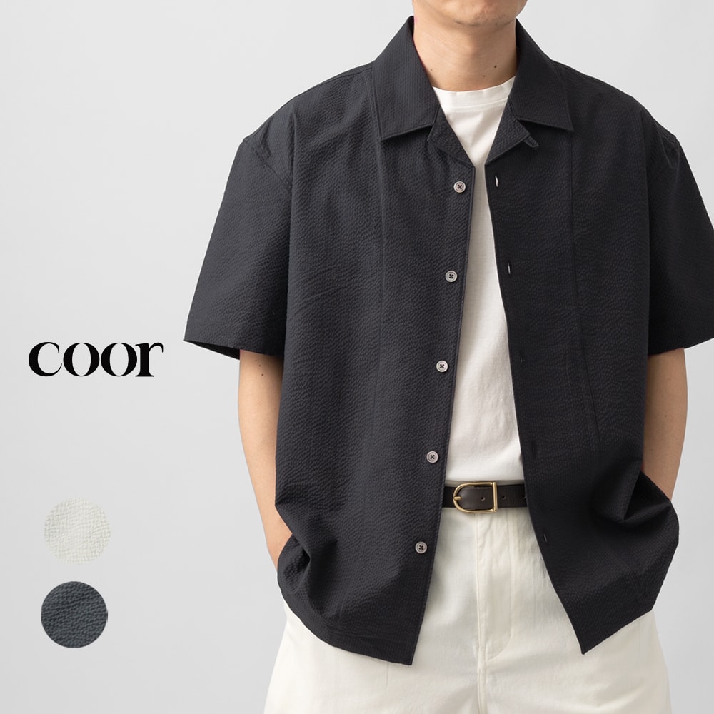 Rakuten - クーア COOR オープンカラーシャツ 半袖 シアサッカー PANEL LINE CAMP COLLAR HARF SHIRT CXG2SO03K グレー ネイビー メンズ コットン メンズシャツ シアサッカー 開襟シャツ 半袖シャツ メンズ ブランド 春夏 韓国 大きいサイズ ゆったり おしゃれ 春 夏 クオ クア