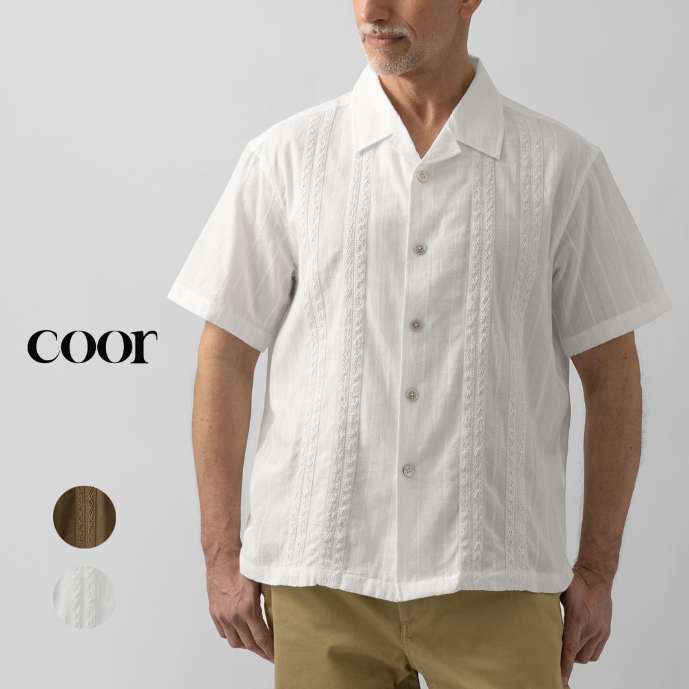 Rakuten - クーア COOR キューバシャツ オープンカラーシャツ 半袖 GUAYABERA TAPE HARF SHIRT CXG2SO42K ブラウン ホワイト メンズ コットン メンズシャツ 開襟シャツ 刺繍 キューバ シャツ メンズ ブランド 春夏 韓国 おしゃれ 春 夏 オーバーサイズ リラックス クオ クア