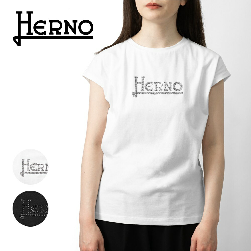 ヘルノ HERNO Tシャツ JG000211D ラインストーン レディース クルーネック コットン 綿 ストレッチ ブラック ホワイト おしゃれ きれいめ 半袖 ブランド 白 黒 フレンチスリーブ 無地 ロゴ ロゴTシャツ ブランド 春 夏のサムネイル