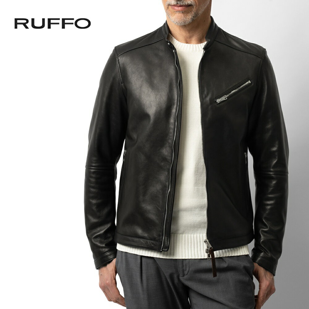 【返品不可】ルッフォ RUFFO ライダース レザージャケット シングル RUST ブラック 革ジャン シングルライダース ライダースジャケット ノーカラー ラムレザー 本革ジャケット 革ジャケット 皮ジャン メンズレザージャケット 羊革 メンズジャケット 革 ジャン メンズ 本革 黒