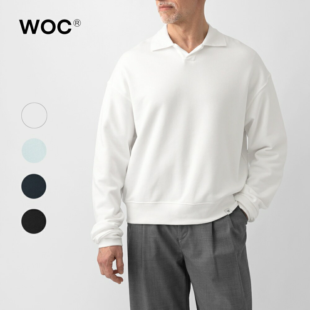 Rakuten - WOC ウォック ポロスウェット スキッパー ショート丈 ドロップショルダー CALGARY SWEATER 026SW172FL World of Colors ワールドオブカラーズ コットン メンズ スウェット 長袖 イタリア ブラック ネイビー ホワイト ライトブルー オーバーサイズ 春 夏 おしゃれ 綿100％