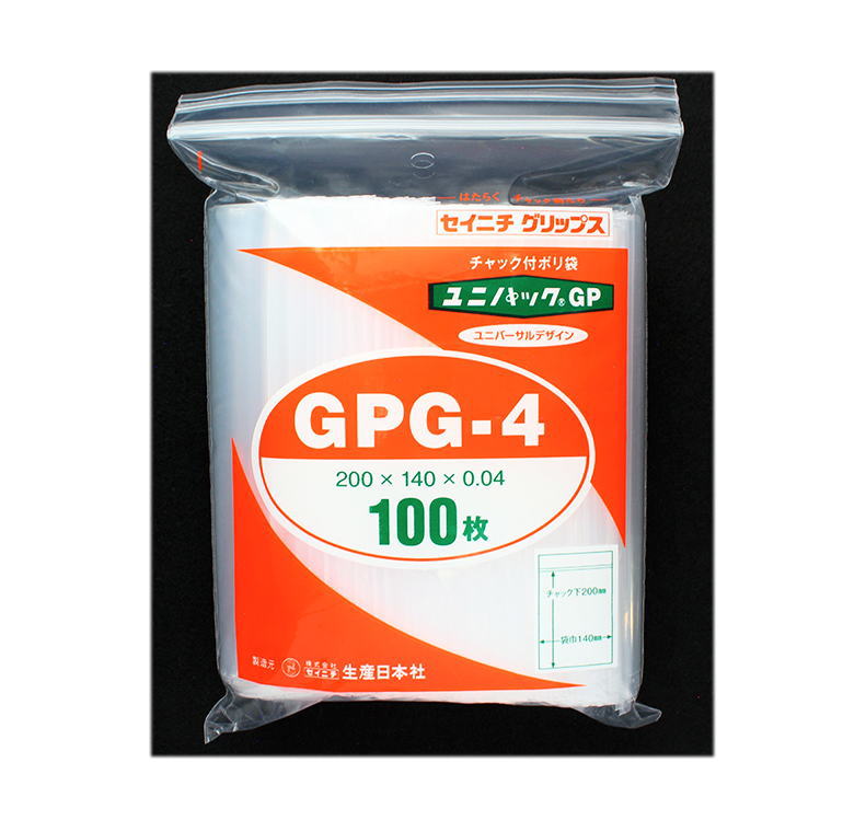 ★特徴★ ・開口部とチャック部にガイドラインが付いてます ・開けやすく閉めやすくなっています ・内容物の出し入れ作業効率が向上する効果があります ・部品や雑貨の保管や小分けに ★仕様★ ・厚さ:0.04mm ・縦:200mm ・横:140mm ・天開き、底折り返し ・サイド溶断シール ・開口部段差カット ・色:透明 ・材質:ポリエチレン(PE) ■0.04mm厚GPタイプユニパック一覧■ ・チャック下70mm×袋巾50mm:100枚入　GP-A-4 ・チャック下85mm×袋巾60mm:100枚入　GP-B-4 ・チャック下100mm×袋巾70mm:100枚入　GP-C-4 ・チャック下120mm×袋巾85mm:100枚入　GP-D-4 ・チャック下140mm×袋巾100mm:100枚入　GP-E-4 ・チャック下170mm×袋巾120mm:100枚入　GP-F-4 ・チャック下200mm×袋巾140mm:100枚入　GP-G-4 ・チャック下240mm×袋巾170mm:100枚入　GP-H-4 ・チャック下280mm×袋巾200mm:100枚入　GP-I-4 ・チャック下340mm×袋巾240mm:100枚入　GP-J-4 ・チャック下400mm×袋巾280mm:100枚入　GP-K-4 ・チャック下480mm×袋巾340mm:100枚入　GP-L-4 ・チャック下560mm×袋巾400mm:100枚入　GP-SL-4