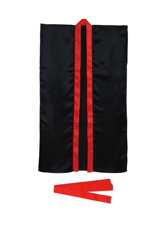 ソフトサテンロングハッピ 　黒/赤襟 　小学校高学年～中学生用 (ハチマキ付)