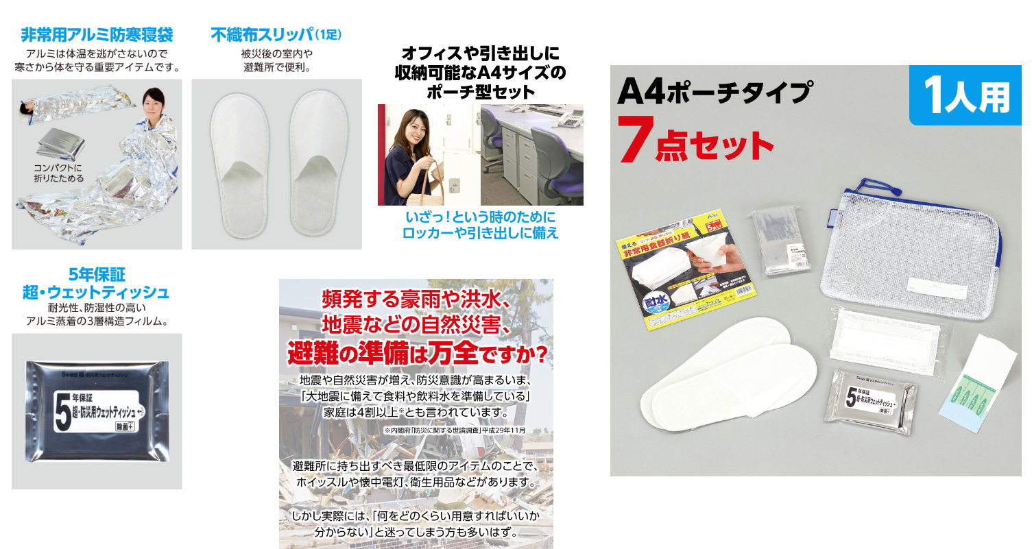 防災士が監修した防災セット！最重要7つ道具の基本セットです。 コンパクトなポーチタイプなので、ちょっとした隙間に保管ができます。 ポーチサイズ：252×320×19mm セット内容：マチ付連絡袋×1、ばんそうこう（2枚）×1、　　　　　　 ...