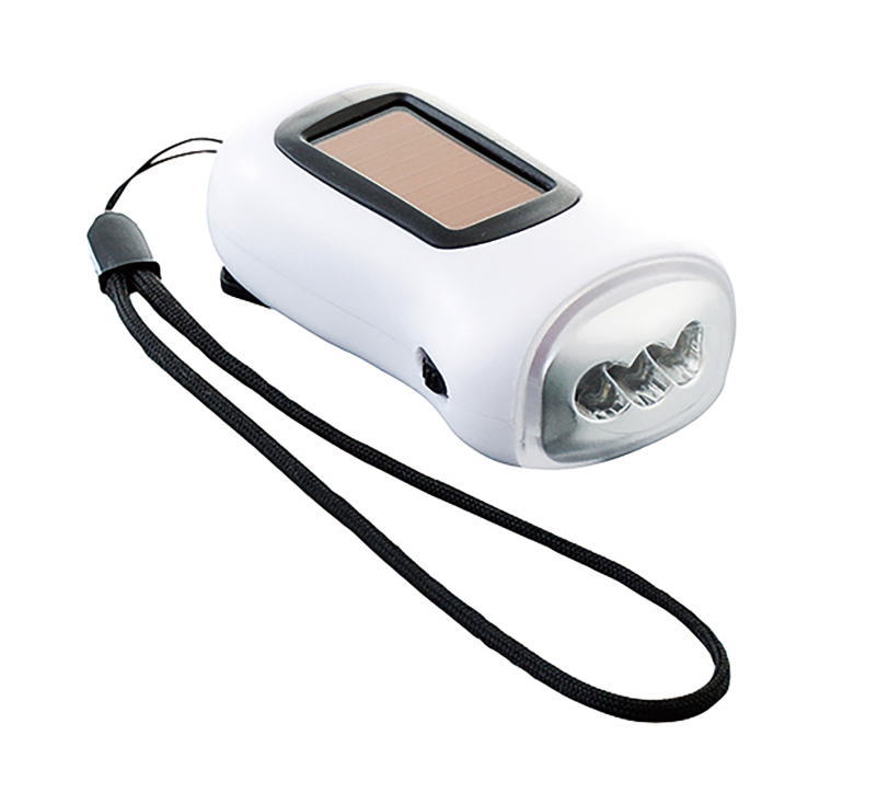 約120回の手回しで約10分点灯！ 約1時間のソーラー充電で約15分点灯します。 ソーラー充電と手回し充電の2通りができます。 持ち運びやすいサイズなので、防災用品に！ サイズ：93×50×32mm