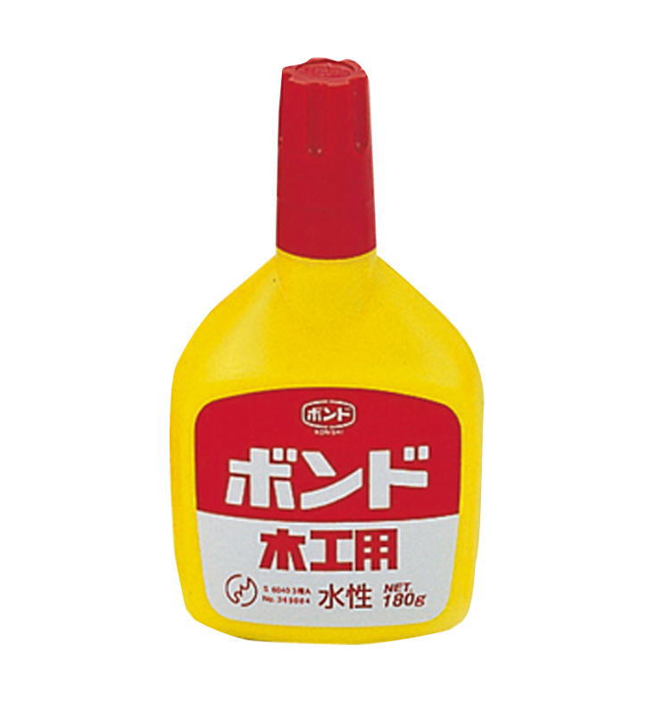 ホルムアルデヒド・フタル酸系可塑剤は使用していません。 乾燥後はほぼ透明になり、刃物を傷めずに切削加工ができます。 JIS F☆☆☆☆規格品です。 日本接着剤工業会JAIA 4VOC基準適合品です。 ノンホルムアルデヒド・ノントルエン商品。建築現場において使用制限がありません。 溶剤・可塑剤を含みません。 木工作業全般。 建築内装木工事・建具製作。 木・竹・布・石こう類の接着。 木工内部造作用。 化粧合板用。（仮釘併用）