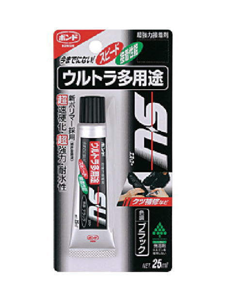 ★用途★ 布・フェルト・皮革・合成ゴム・木材・ガラス・金属など、軟らかい素材から硬い素材まで、強力接着が可能です 多彩な場面での接着と補修に活躍します ★特徴★ ●新ポリマー（シリル化ウレタン樹脂）を採用し、固着スピードと透明性を飛躍的に向上させました。 ●超速硬化・強力・耐久性に優れています。 ●無溶剤タイプです。 ●日本接着剤工業会 JAIA F☆☆☆☆認定です。 ●日本接着剤工業会 JAIA 4VOC基準適合品です ★仕様★ ●硬化時間(23℃):4分 ●色:ブラック ●容量(ml):25 ●質量(g):41 ●質量:41g ●主成分:シリル化ウレタン樹脂
