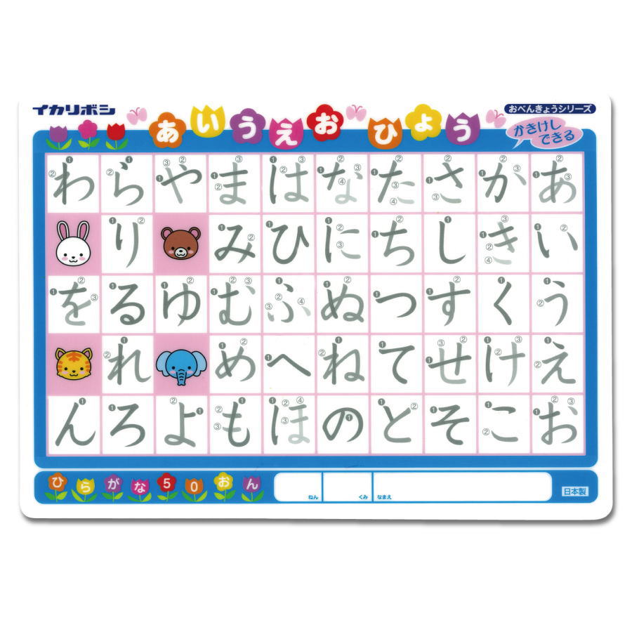 えんぴつ・クレヨンで、直接下敷きに何度でも書いて消せるお勉強下敷き。 繰り返し使えるひらがな・カタカナの下敷き！ サイズ：182×252mm 材質：塩化ビニル