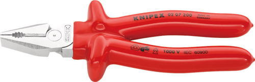 ★特長★ ・過酷な使用に最適です ・てこの原理を最大限に発揮する独特のレバーデザインにより、通常タイプより35%負担を軽減しています ・クニペックスの強力型ペンチはジョイント部(支点)を最適なポイントに配置していますので、切る・つかむ・曲げるといった作業を少ない力で行うことができます ・つかみ面は板やパイプに対応する形状で、幅広い用途で使用できます ・サイドカッターでは軟線・硬線・ピアノ線を切断することができます ・長めのサイドカッターにより太いケーブルの切断も可能です ・カッター部の硬度は約HRC63 ・材質はオイル焼き入れ焼き戻し処理済みの高級特殊工具鋼 ・鍛造により大変頑丈です ・DIN EN/IEC60900基準に適合しています ★仕様★ ・切断能力(硬線:φmm)：2.8 ・切断能力(ピアノ線:φmm)：2.2 ・切断能力(銅・アルミケーブル:φmm)：13 ・切断能力(銅・アルミケーブル:mm2)：25 ・全長(mm)：200 ・質量(g)：380 ・ヘッド仕上げ：クロームメッキ ・ハンドル仕様：1000V絶縁ディップコーティング(VDE絶縁テスト済み) ・横すじ入りのつかみ面 ・切断面は傘状KNIPEX(クニペックス) 世界的プライヤーメーカー 品質は常に最高のものを追求し、全て最高の材質を使ってドイツ国内で製造しています。 その姿勢は130年以上の永きにわたり歩んできた歴史と伝統の上に決してあぐらをかくことなく、常に既存製品の改良と新製品の開発の両方に注力してきました。 こうした努力が電気、機械、工事、各種整備分野のユーザーに支持され、全世界100カ国以上で使用されています。