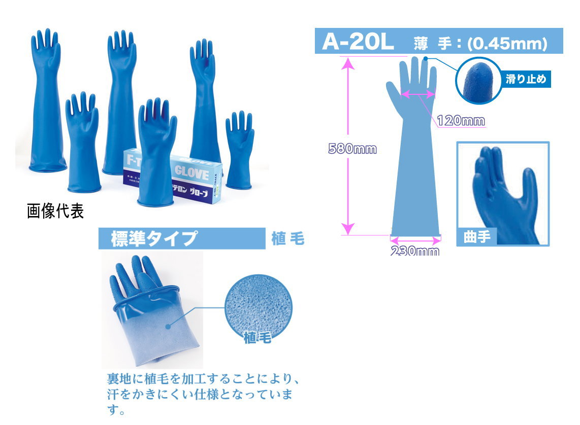 フッ酸、玉水、濃硫酸などの強酸作業用に最適。また環境にも優しい手袋です。（改正RoHS対応、鉛含有なし） 【特長】 ・合成ゴムの特殊配合によって作られた画期的な超強力耐酸手袋で、長時間の使用にも目を疲れさせない独特なカラー（ライトブルー）です。 ・植毛付きは暖かく、脱ぎはめが容易です。 【仕様】 品番：A-20L 男子用　薄手・植毛加工 カフ部折り長さ（mm）：230 掌部幅（mm）：120 厚さ（mm）：0.45 全長（mm）：580 ※表面（手のひら部）すべり止め付きです。 【用途】 ・トランジスタ等、半導体製造における諸作業用。 ・ガラス、金属のエッチング用。 ・メッキ、染色、化学工場その他の薬品の取り扱い。
