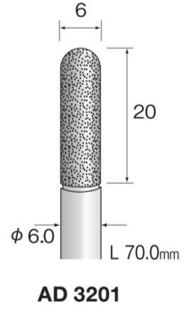 粒度:#120 最高使用回転数:50,000rpm 特徴 ダイヤモンド砥粒の突出しが大きく切れ味に優れています 仕上げに面粗さうぃ特に要求されない粗研削加工に最適です 適合機器 エアーグラインダー スピンドル 自動機ロボット MINIMO推奨ハンドピース 最適:M21D 使用可能:M21HD