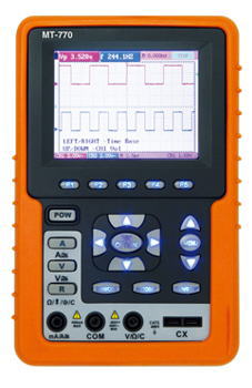 　 4000カウント真の実効値タイプのDMM機能を搭載した オールインワン、フルカラーハンディオシロスコープ 　 真の実効値方式のDMM機能搭載 Autoトリガー、Normalトリガー、SingleShot 水平軸(Time/div)および垂直(Volt /div)の自動設定 波形ホールド機能付 3.8インチカラーLCD 波形メモリー機能搭載及び、PCインターフェイス機能搭載 　 　 【仕様】 LCD仕様 3.8インチ　カラーLCD 入力チャンネル数 2チャンネル+デジタルマルチメータ機能 周波数帯域 20MHz サンプリング 最大100MS/S チャンネル数 2チャンネル 電圧軸レンジ 5mV/div〜5V/div 時間軸レンジ 5ns/div〜5s/div カップリング AC・DC 入力インピーダンス 1MΩ トリガー エッジ(ノーマル・シングルショット・オート)、ビデオ 最大レコード長 入力ごとに、6000ポイント 使用電源 ACアダプター、電池内蔵(充電式) 付属品 取扱説明書、CD-R、USBケーブル、携帯用アルミケース、 プローブ、テストリード、ACアダプター 寸法・重量 W118xH180xD40mm　約680g 　 　 【デジタルマルチメータ機能】 直流電圧 400mV〜400V 1.0%rdg+2dgt 交流電圧 4V〜400V 1.0%rdg+5dgt(40〜400Hz) 直流電流 40mA〜20A 1.5%rdg+2dgt(40〜400mA) 交流電流 40mA〜20A 1.5%rdg+2dgt(40〜400mA) 静電容量 51.2nF〜100μF 3.0%rdg+5dgt 抵抗 400Ω〜40MΩ 1.0%rdg+5dgt(400〜4MΩ) 【別販売品】 MT-775用ACアダプタ MT-775用バッテリー USBケーブル プローブペア テストリード