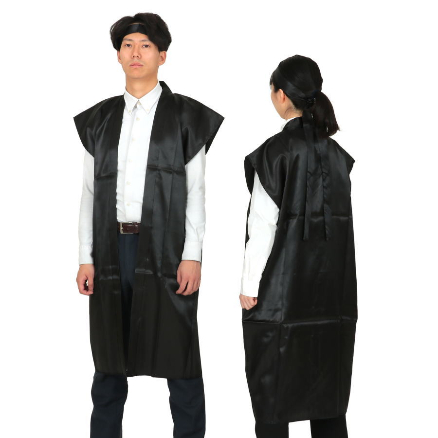 ソフトサテンロングハッピ 　黒　高校生～大人用 (ハチマキ付)