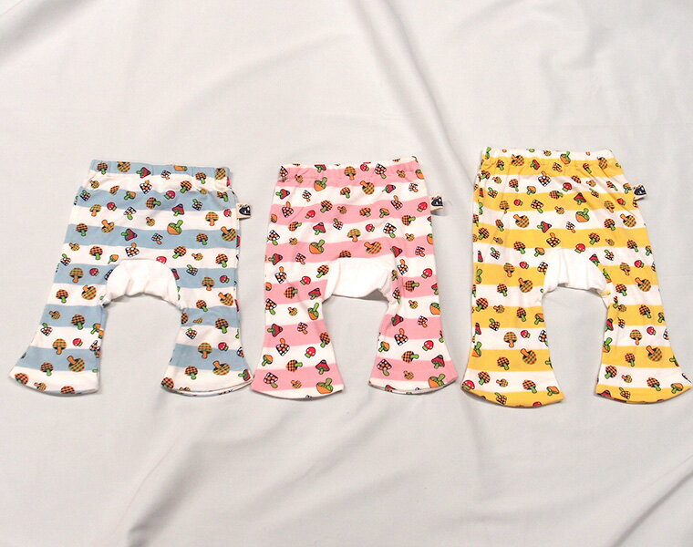 きのこプリントボーダー綿100％薄手素材ニコちゃん刺繍7分丈モンキーパンツB2516（80cm 90cm 95cm）