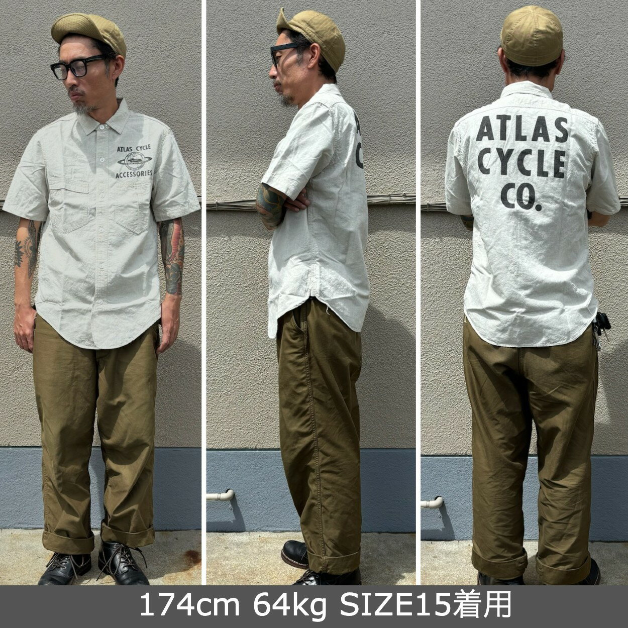 "ATLAS CYCLE CO." Big Bertha / FREEWHEELERS/フリーホイーラーズ / UNION SPECIAL OVERALLS / ワークシャツ / 染み込みプリント / 半袖シャツ