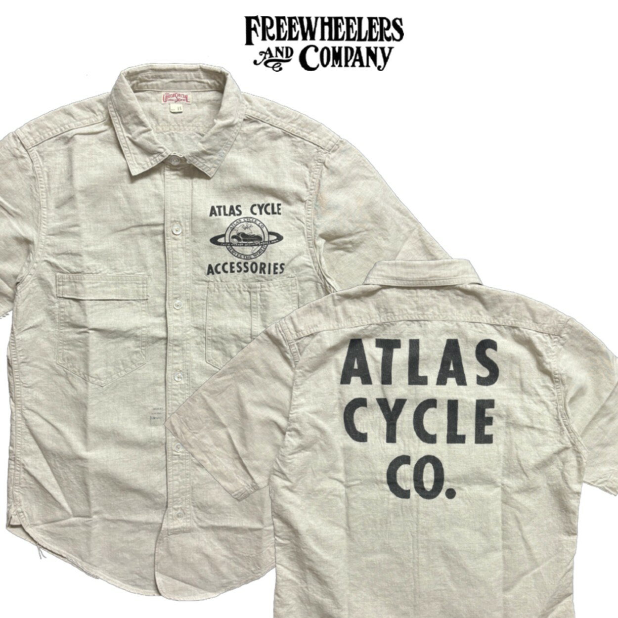 "ATLAS CYCLE CO." Big Bertha / FREEWHEELERS/フリーホイーラーズ / UNION SPECIAL OVERALLS / ワークシャツ / 染み込みプリント / 半袖シャツ
