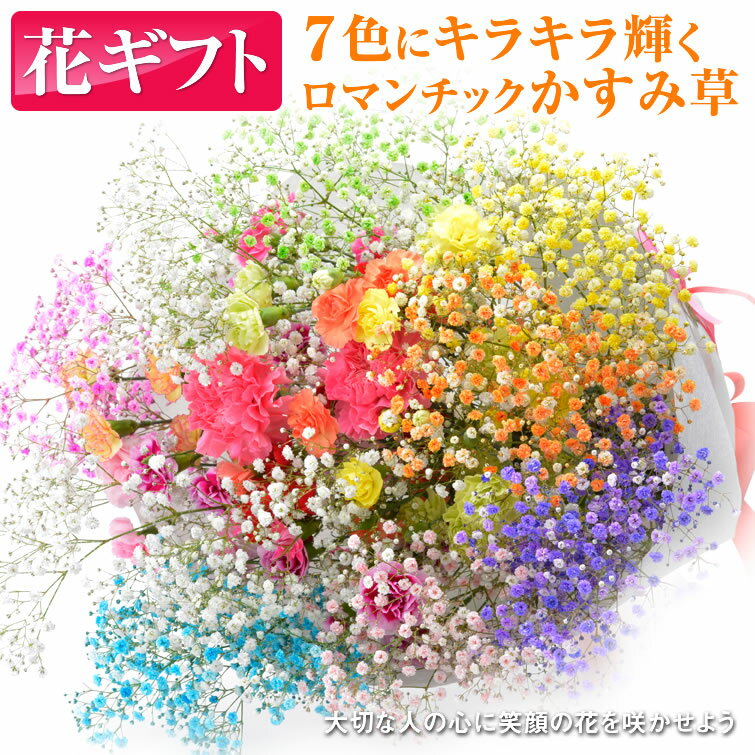 レインボーカーネーション プレゼント 花 ロマンチックかすみ草＜プレミアム・スマイルブーケ＞キラキラ 輝く 花束。 送料無料 カスミソウ カスミ草 花 花束 かすみそう プロポーズ ギフト プレゼント 母の日花 子供 誕生日 結婚式 お祝い 送別会 レインボー 妻