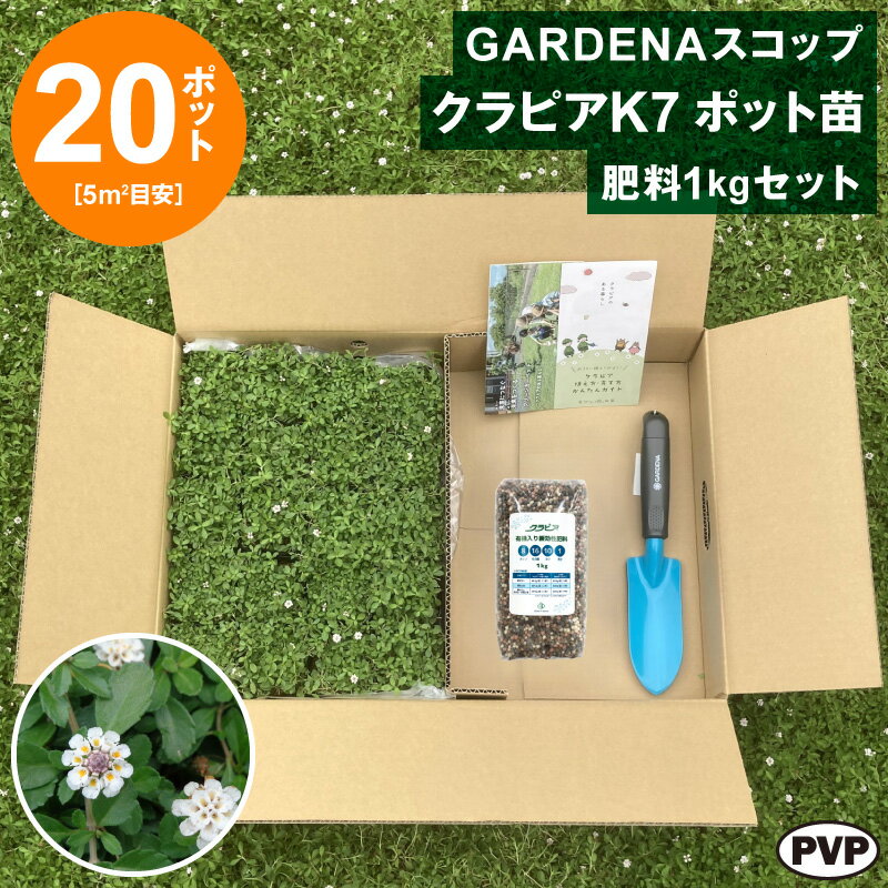 環境に優しいグランドカバープランツ 「クラピア」は、国内に自生するイワダレソウを改良し、 種を付けないように品種改良された農水省登録済みのグランドカバープランツです。 鮮やかなグリーンと、小さな可愛らしい花が特徴で、庭に生き生きとした彩りを加えます。 柔らかな踏み心地に加え、環境にもやさしいことから、 ご家庭でも安心してご利用いただける“芝に変わるグランドカバー”として注目されています。 ポット苗で植えて広がる。環境にやさしい「クラピア」 クラピアはポット苗で植えて地表に広げるグランドカバー植物です。 ガーデニング初心者でも植え付けが可能です。 ご家庭で小さな苗を植えて育てる経過を楽しむことで、みどりや環境の大切さも育めます。 より美しく、環境にやさしいライフスタイル「クラピアのある暮らし」をお楽しみください。 小さなポット苗で植えて、スピーディーに広がる「クラピア」は、 花を植える感覚でご家庭でも簡単に植え付けることができます。 K7ポット苗20個セットは目安として、5平方メートル程度の植栽に適しています。 クラピアは多年草で、生育期（4月〜10月）は生長してグリーンが広がります。 エコロジーなグリーンカーペット！雑草抑制効果と涼しさを実現 グランドカバー植物の中でも、比較的お手間がかからないクラピア。 「植物＝生き物」ですので、季節ごとに必要なお世話をすることで、毎年美しい成長を見せてくれます。 また、地表の温度上昇を和らげる効果もあり、夏場には涼しく快適なお庭を維持します。 当社の「クラピア」はヒメイワダレソウの改良種、ヒメイワダレソウの園芸品種ではございません。 「ヒメイワダレソウ」は、環境省・農林水産省が共同で公表した国内の生態系に被害を及ぼす恐れのある 外来種として重点対策外来種に指定されています。異なる別品種ですのでSNSなどの誤情報にご注意下さい。 ～ガーデニングライフが楽しくなるGARDENAハンドスコップ～ 丈夫で長持ちする小型スコップが、楽しい園芸作業を長期にわたりサポート！ ■サイズ： 長33cm×幅6cm（199.58g） ■材　質： 柄： 高品質プラスチック製 刃： 腐食防止にDuroplast（繊維で強化された樹脂プラスチック） コーティング加工された高品質スチール ■メーカーによる25年保証付 ※ご購入後、貼付の「製品保証書」を必ずご確認下さい。 クラピアオリジナル肥料をセットでお届けします 小さな苗で植えてスピーディーに被覆させる「クラピア」。 初期の生長を促進する速効性肥料と、長く効果が持続する肥料をバランスよく配合した クラピアメーカーオリジナル緩効性肥料とのセット商品です。 元肥で余った肥料を追肥用としてご使用いただけます。 品名 GARDENAスコップ＋クラピアK7 ポット苗＋肥料セット 内容量 20個、スコップ1本、クラピア有機入り緩効性肥料1kg1袋 生産地 栃木県 配送について 北海道・山口・九州・沖縄・離島へのお届けは承ることができません。注文確認後、自動的にキャンセルさせていただきます。ご了承ください。 製造発送元 株式会社エスビーエル（クラピア販売店） 栃木県小山市