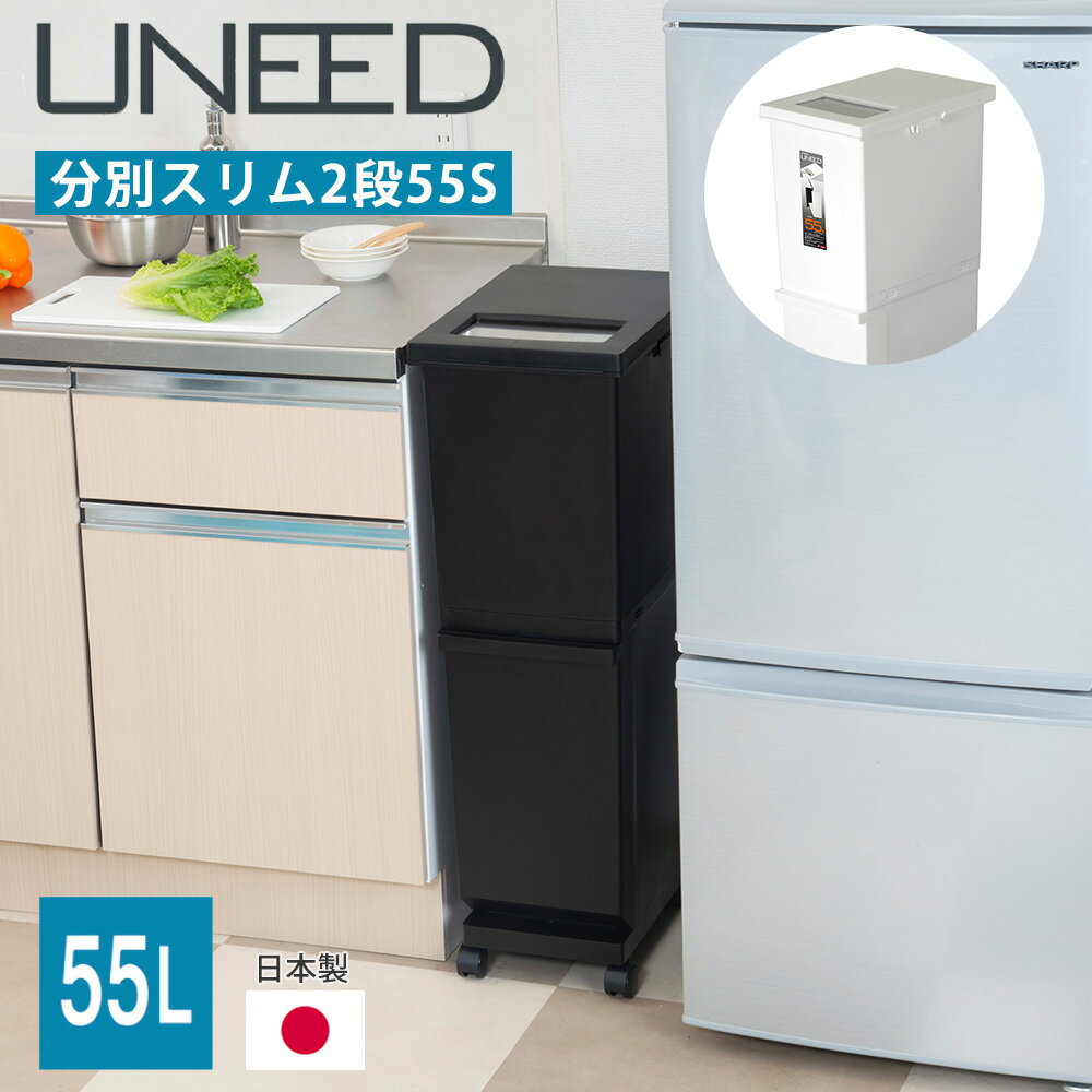 【最大2000円OFFクーポン配布中7/6まで】 ゴミ箱 ごみ箱 分別 スリム ふた付き 2段 55L キャスター 縦型 最大4分別 日本製 ブラック ホワイト ダストボックス キッチン リビング 台所 新輝合成 TONBO トンボのサムネイル