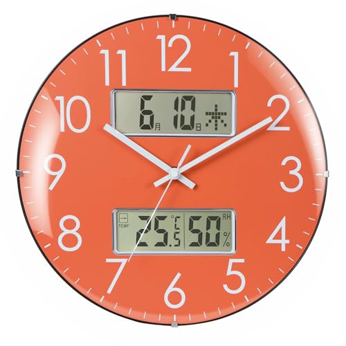Nbdeal 掛け時計 電波時計 温度 湿度 日付 曜日表示 直径33.5cm アナログ 夜間秒針停止機能付き 静音 球面ガラス DYJ-6078 オレンジ Nbdeal 掛け時計 電波時計 温度 湿度 日付 曜日表示 直径33.5cm アナログ 夜間秒針停止機能付き 静音 球面ガラス DYJ-6078 オレンジ