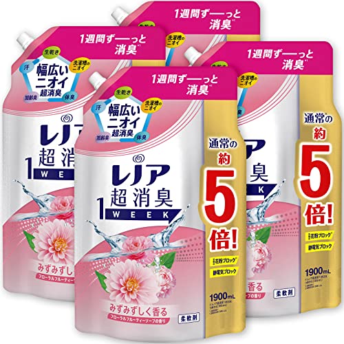 ケース販売 レノア 超消臭1week 柔軟剤 フローラルフルーティーソープ 詰め替え 大容量 1,900mL x4袋