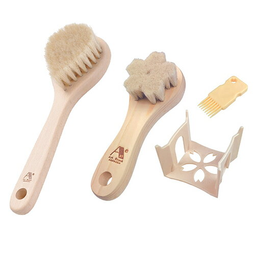 アートブラシ社 白馬毛のボディブラシ しずく + 山羊毛の洗顔ブラシ さくら(スタンド付) 812555+807933..