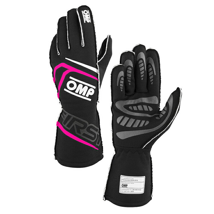 2024NEWモデル！ OMP FIRST GLOVE ブラック×フクシア MY2024 レーシンググローブ FIA公認8856-2018 (IB0-0776-A01-277)