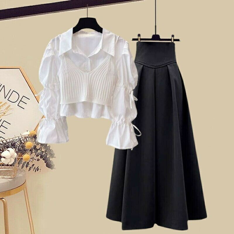 エレガントシャツ&スカートセット レディース セットアップ 長袖シャツ フレア袖 リボン付き ニットキ..