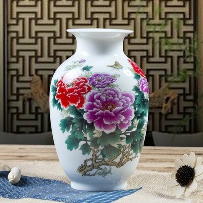 花瓶 中国伝統柄 景徳鎮 陶器製 回転式 台座付き (大輪の花)