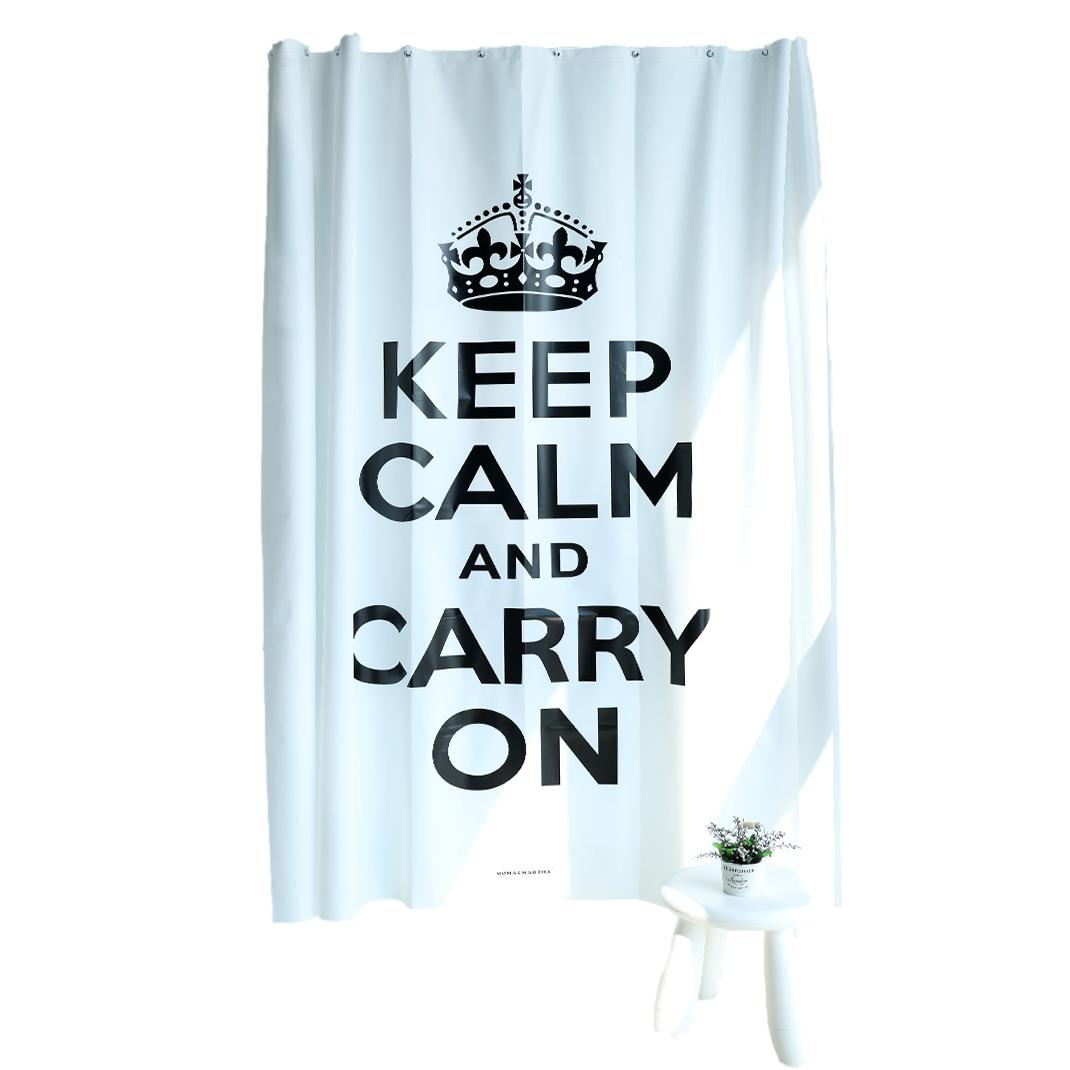 【50％OFF（半額）クーポン配布中】シャワーカーテン KEEP CALM AND CARRY ON ロゴ モノトーン