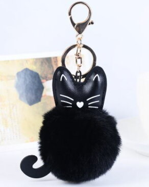 キーホルダー 黒猫の顔&しっぽ付き 大きなボンボン ふわふわ (ブラック)