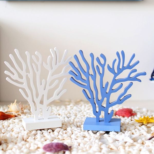 置物 マリン風 珊瑚 木製 (ブルー＆ホワイト, 2個セット)