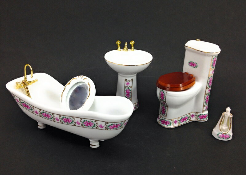 【50％OFF（半額）クーポン配布中】置物 ドールハウス ミニチュア家具 ヨーロピアン風 バス トイレ 4点セット 陶器製 (Fタイプ)のサムネイル